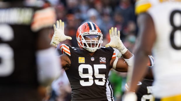 Nov 19, 2023; Cleveland, Ohio, USA; Cleveland Browns defensive end Myles Garrett (95) celebrates during the fourth quarter against the Pittsburgh Steelers at Cleveland Browns Stadium.